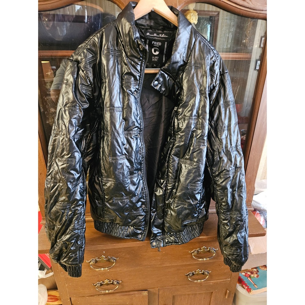 Fried Denim NYC Mens Shiny Black Puffer Jacket Quilted Streetwear Coat Large